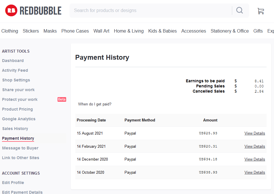 Screenshot of my main Redbubble account Earnings