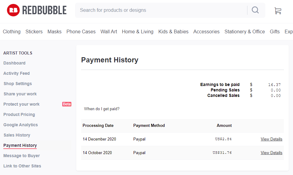 Screenshot of my Redbubble Online Side Hustle Earnings