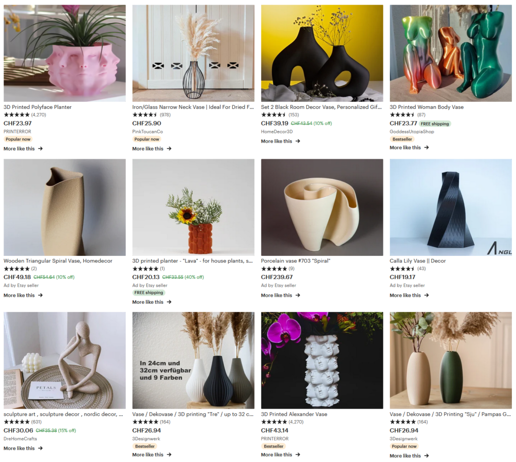 Screenshot from Etsy showing various listings of 3D printed vases.