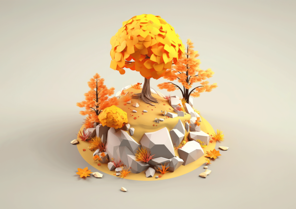 A low poly 3D model scene showing trees, bushes and stones on a little hill. The color theme is yellow and it looks like an autumn scene.