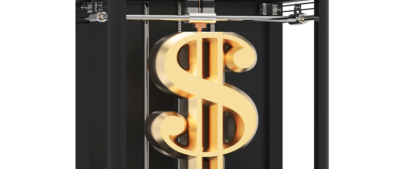 A 3D printer printing a golden $ sign.