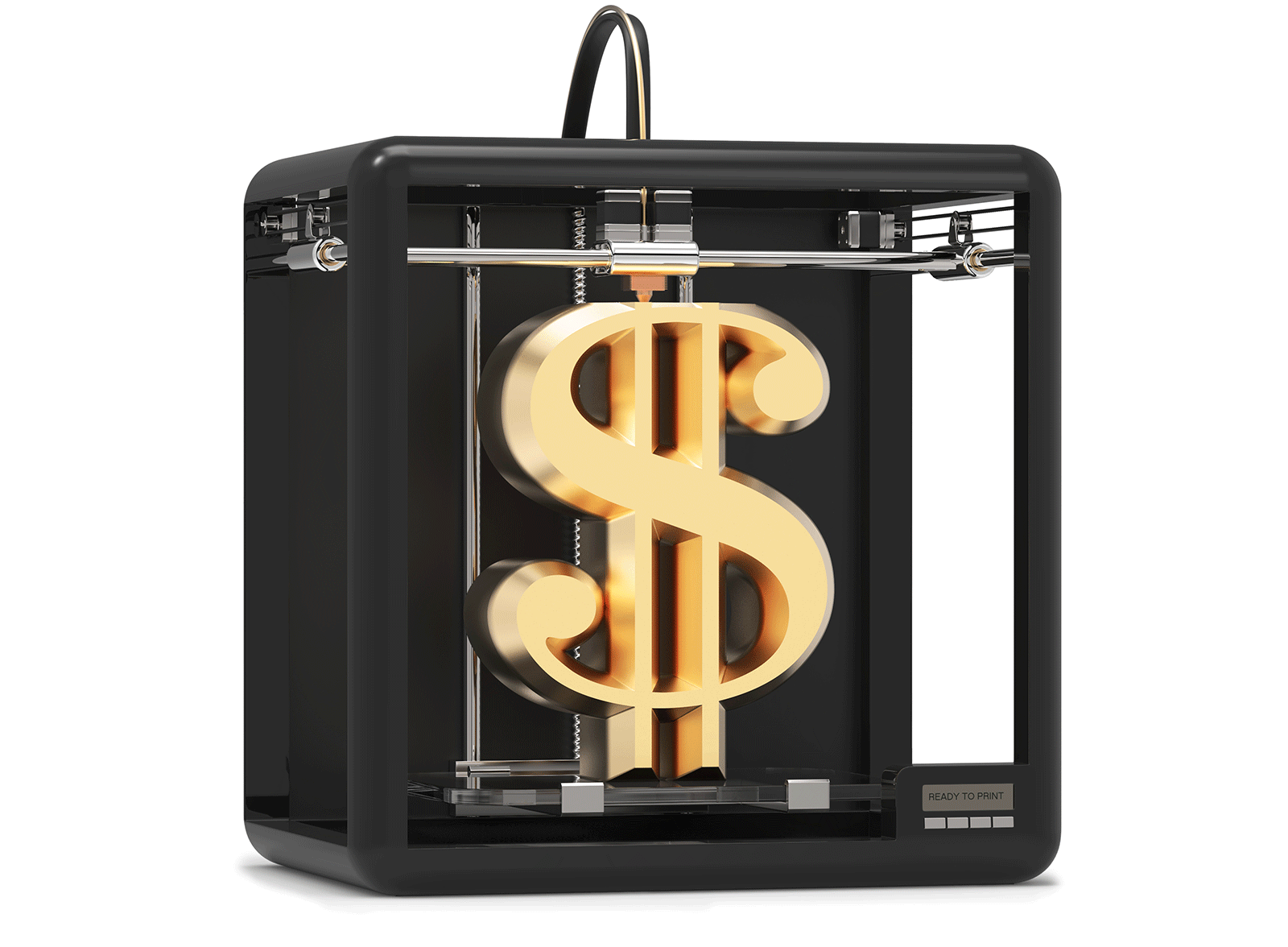 A 3D printer printing a golden $ sign.